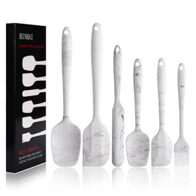 Image of BINHAI Silicone Spatula Set Marble Pattern 6 Piece Non Stick Rubber with Stainless Steel Core Heat Resistant Kitchen Utensils for Cooking, Baking and Mixing