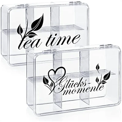 Image of com four® 2x storage box for tea and bags made of transparent plastic with 6 compartments (2 pieces Glücksmomente &amp; Teatime)