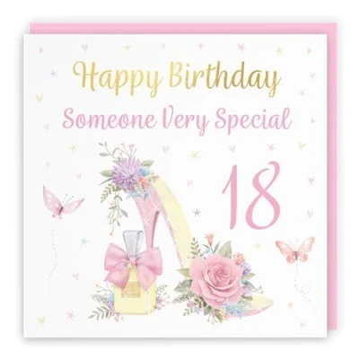 Image of Hunts England 18th Someone Very Special High Heel And Perfume Female Birthday Card Luxury Gold Foil Milo&#039;s Gallery Age 18 Butterflies, Flowers, Hearts Pretty