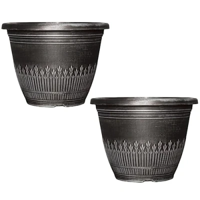 Image of Fyne Finds Set of 2 Round 28cm, 11inch Garden Plant Pot Brushed Silver Grey Wheat Flower Planter