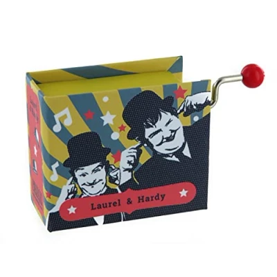 Image of Hand cranked Music Box/Musical Box Made of Illustrated Cardboard in The Shape a Book with 18 Note Musical Mechanism Dance Cuckoos (Laurel and Hardy Main Theme)