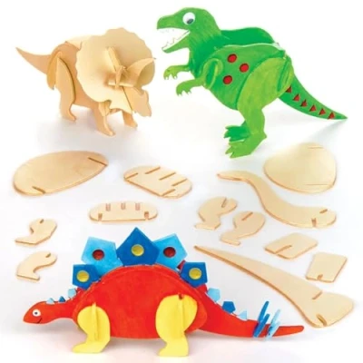 Image of Baker Ross EK501 Dinosaur 3D Woodcraft Kits Complete Size 13cm for Children to Make &amp; Decorate (Pack of 5), Wooden