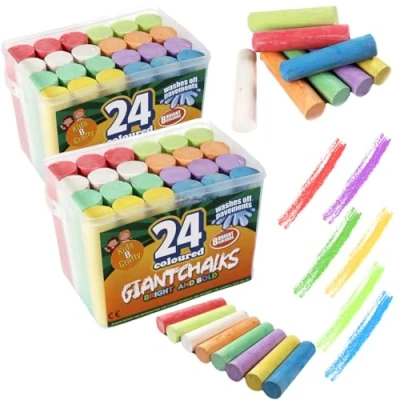 Image of Coloured Chalk For Kids, Pavement Chalk, Giant Assorted Colours 2 x 24 Tubs Of Chalks Super Bright, Jumbo Chunky Children
