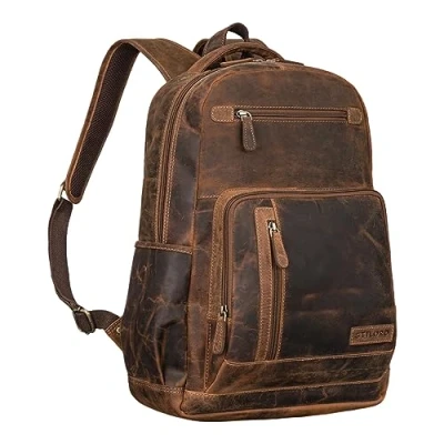 Image of STILORD &#039;Hubertus&#039; Leather Backpack Women and Men Vintage Laptop 15,6 inch School Daypacks Teacher Bag, Colour:Calais Brown