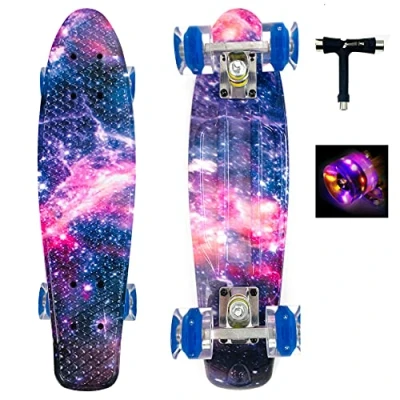 Image of Sumeber Skateboard Mini 22 inch Cruiser With Light Up Wheels Complete for Kids Beginners Youths Teens Adults All in One Skate T Tool (Galaxy)