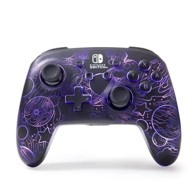Image of PowerA Enhanced Wireless Controller for Nintendo Switch with Lumectra Galactic Vortex, RGB lighting reveals a hidden galaxy design, rechargeable battery, motion controls, officially licensed