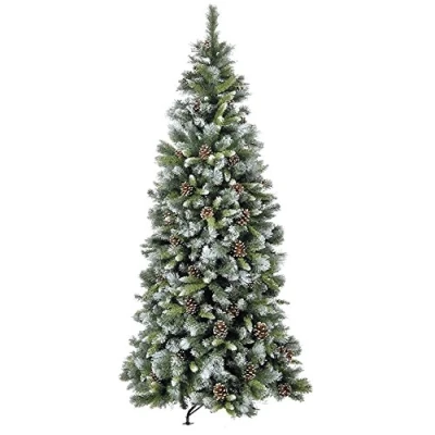 Image of 8FT FROSTED GLACIER HOOK ON GREEN CHRISTMAS TREE WITH 1244 TIPS PINE CONES