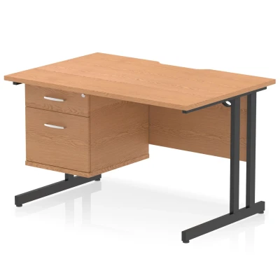 Image of Impulse 1200 x 800mm Scalloped Edge Straight Office Desk Oak Top Black Cantilever Leg Workstation 1 2 Drawer Fixed Pedestal