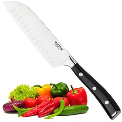 Image of Professional Sabatier Small Santoku Knife 5in/13cm Full Tang Blade Forged from Chrome Molybdenum Vanadium Stainless Steel. Chic Carbon Black Triple Rivet Handle. 25 Year Guarantee. Dishwasher Safe.