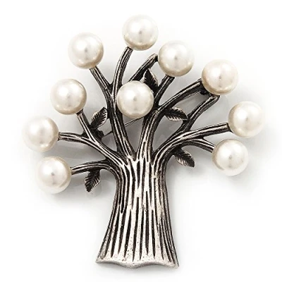 Image of Avalaya Antique Silver Faux Pearl Tree Brooch (Vintage Style)