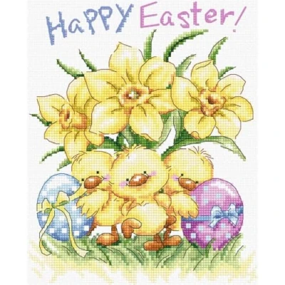 Image of Three Chicks with Daffodils and Egg Counted Cross Stitch Kit