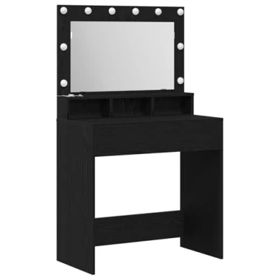 Image of vidaXL Oak Wood Vanity Table Black Matte Makeup Desk with LED Mirror &amp; Shelves Bedroom Dressing 135x79x41cm
