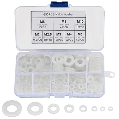 Image of 650 Pcs Nylon Washers, White Flat Plastic Spacers Assorted Round Tap Seals Gaskets Rings Washers for Plumbing, Screws Bolts, 5 20mm, M2/M2.5/M3/M4/M5/M6/M8/M10