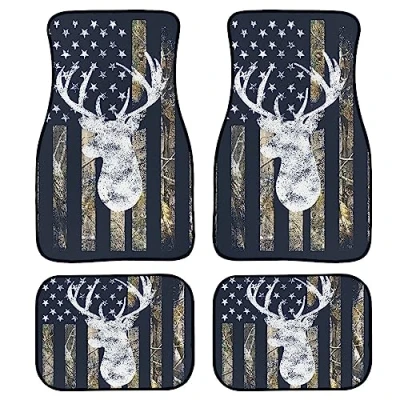 Image of Camo Deer Car Floor Mats Set of 4,USA Buck Hunting American Flag Vehicle Front Rear Carpets Universal Rugs Non Slip Auto Decor Accessories for SUV Van Truck