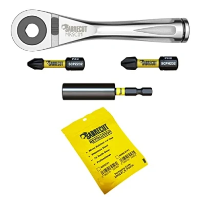 Image of SabreCut 4 Piece MRSC01K1 Mini Micro Ratchet 1/4&quot; Hex Stainless Steel Professional 72 Tooth Gear Hand Wrench with 32mm PH2 PZ2 Screwdriver Impact Bits and a Magnetic 60mm Bit Holder
