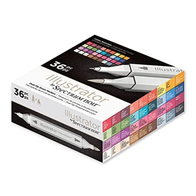 Image of Crafter&#039;s Companion Spectrum Noir Illustrator Twin Tip Blendable Alcohol Based Marker Set with Japanese Nibs Pack of 36 Perfect for Colouring, Drawing &amp; Illustration (Colour Essentials Pack)