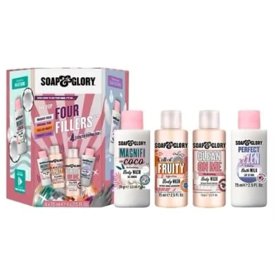 Image of Soap &amp; Glory The Top Four Fillers Gift Set Box of 4 x 75ml Shower Gel and Bath Milk Gorgeous Body Miniatures Collection Toiletry Delectable Scents