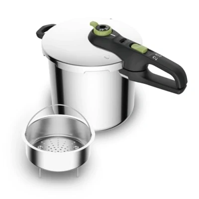 Image of Tefal P2584402 Secure Trendy Pressure Cooker 8 L with Basket 2 Level Cooking Regulator: Intensive 117 C, Gentle 112 C Induction Capsule Base for All Hobs Stainless Steel/Black