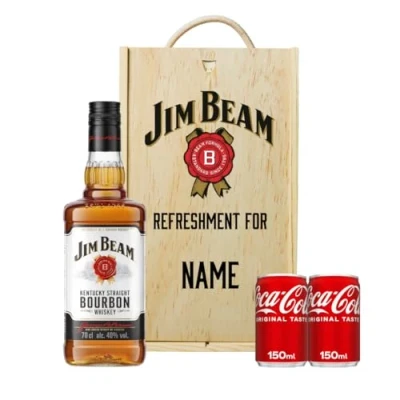 Image of Personalised Jim Beam American Bourbon 70cl In Wooden Box with Two Fever Tree Cola (40% ABV)