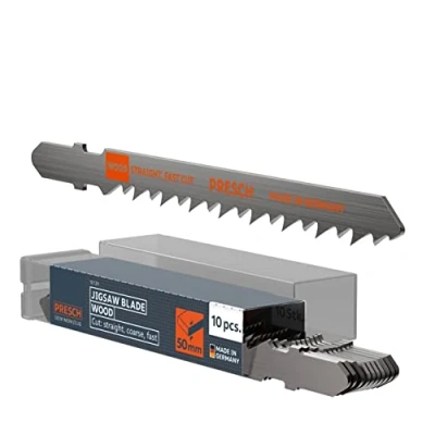 Image of Presch Jigsaw Blades Wood 10 pcs. (Fast, Straight) Rapid, Straight Cut (5 50mm) Durable T Shaft Saw for All jigsaws chipboard Sheets, softwood, MDF and Many More