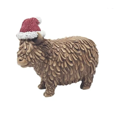 Image of Lesser &amp; Pavey Christmas Highland Cow Figurine with Santa Hat 19cm x 14cm Gift Idea for Xmas Decoration Themed Décor Perfect Home Kitchen Tabletop UK Design