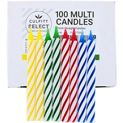 Image of Culpitt Select Striped Candles, Pack of 100, 60mm Red, Blue, Green, Yellow Candy Birthday Cake Candles for Celebration, Party, Birthday, Treats