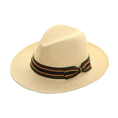 Image of Straw Crushable Foldable Summer Fedora Panama Trilby HAT with Wide Bow Trim Band (Green Band)