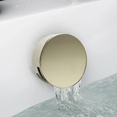 Image of ENKI, W45, Round Cascade Waterfall Freeflow Bath Filler Waste and Overflow, Tap, with Click Clack Waste, Slimline Design, Polished Gold