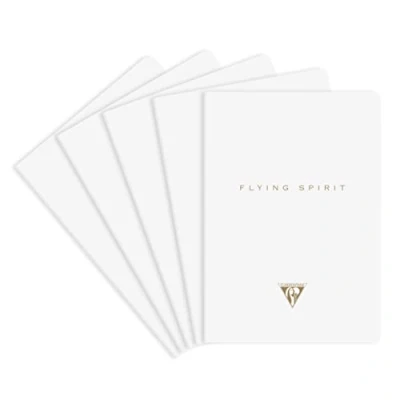 Image of Clairefontaine 104536C A pack of 5 Flying Spirit thread stitched notebooks 96 ivory pages 14.8x21 cm 90g lined, laminated white card cover, assorted patterns