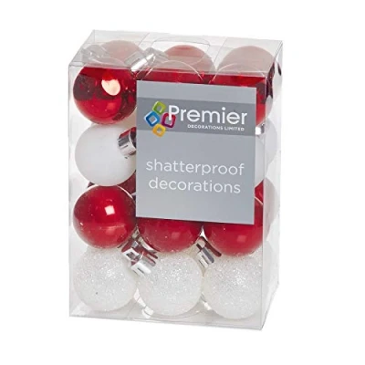 Image of Christmas Tree Decoration 24 30mm Shatterproof Baubles Red and White
