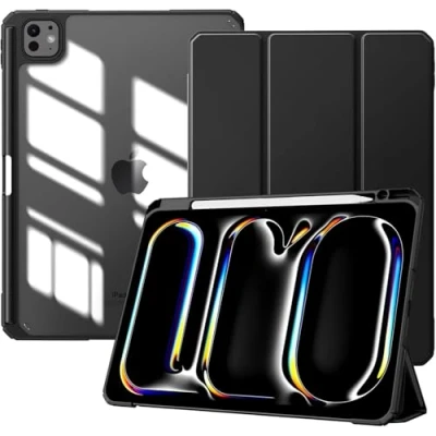 Image of TiMOVO for iPad Pro 11 inch (M4) Case 2024 with Pencil Holder, Slim Stand Protective Cover Clear Transparent Back Shell Tablet, Support Auto Wake/Sleep, Black