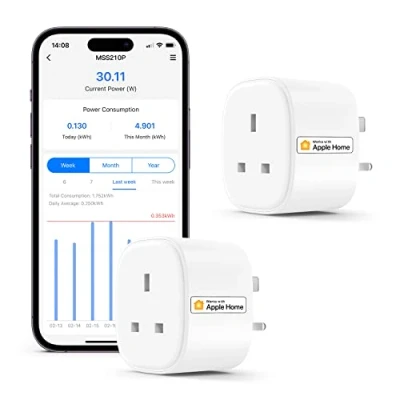 Image of Smart Plug With Energy Monitoring, WiFi Works Apple HomeKit, Alexa, Google Home, Socket Remote Control Timer Plug, No Hub Required, 13A, 2 Packs