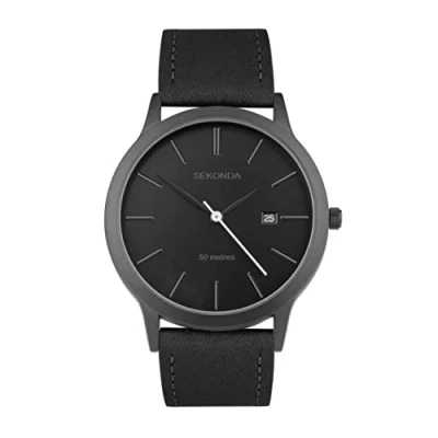 Image of Sekonda Bergen Mens 39mm Quartz Watch in Black with Analogue Date Display, and Leather Strap 30134