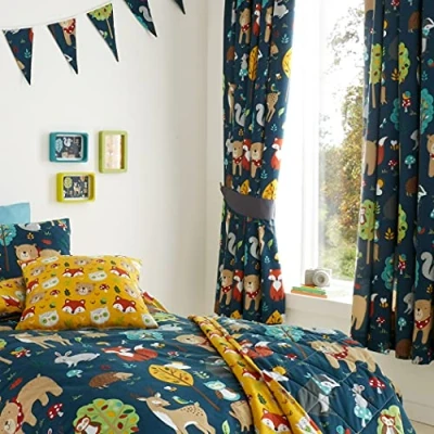 Image of Happy Linen Company Girls Boys Kids Woodland Friends Animals Navy Blue 66&quot; x 72&quot; Ring Track Pole Fully Lined Pencil Pleat Curtain Set