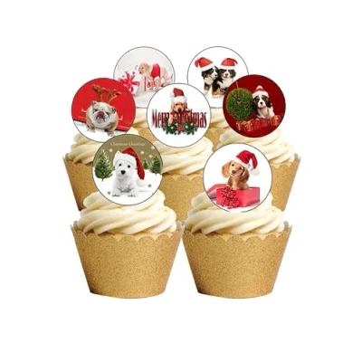Image of 24 Precut Cute Dog and Puppy Christmas Themed Edible Wafer Paper Cupcake Cake Toppers Decorations