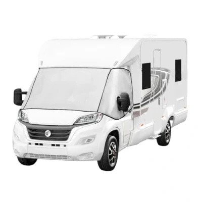 Image of Motorhome Windscreen Cover External Thermal Screen Wrap All Year Use Campervan Front Window Sun Blind Zip Turn Down Silver Waterproof Aluminium Film &amp; Sponge Removable Storage Pockets Carry Bag