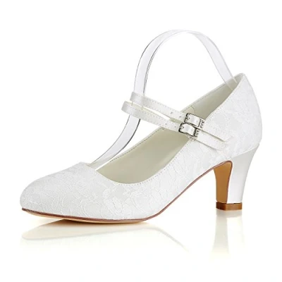Image of Emily Bridal 1505 10 Women&#039;s Wedding Shoes Closed Toe 2.56 Inches Chunky Heel Lace Satin Pumps with Buckle (EU37/UK4, Ivory)