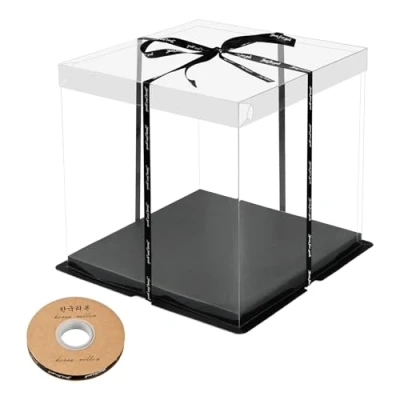Image of Cozlly Transparent Cake Box Double Layer Large Gift with Sturdy Base, Clear Display for Cakes, Pastries, and Desserts, Perfect Parties, Weddings, Celebrations, 8 Inch (Black)