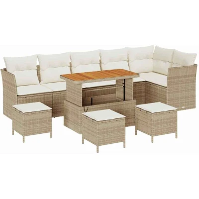 Image of vidaXL 10 Piece Garden Sofa Set with Cushions Beige Poly Rattan Acacia