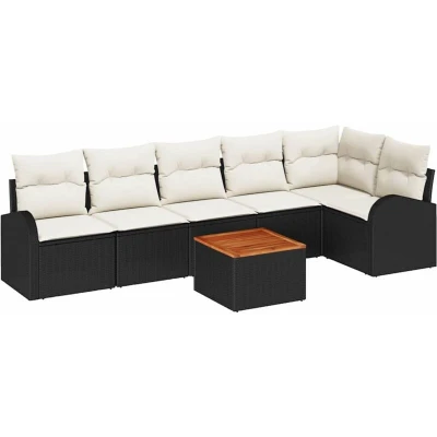 Image of vidaXL 7 Piece Garden Sofa Set with Cushions Black Poly Rattan Acacia