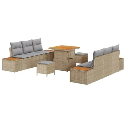 Image of vidaXL 9 Piece Garden Sofa Set with Cushions Beige Poly Rattan Acacia