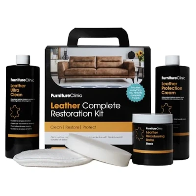 Image of Furniture Clinic Leather Complete Restoration Kit (Beige) Contains Recolouring Balm, Protection Cream, Cleaner, Sponge &amp; Applicator Restore and Repair Sofas, Chairs, Car Seats