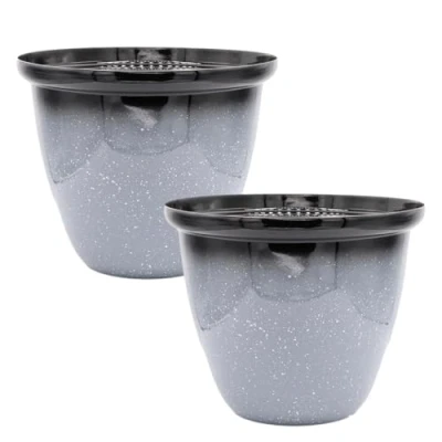 Image of Set of 2 Plastic Honey Pot Planters 30cm, 12inch Grey Speckled Glazed Finish 11L Garden Patio Decor Plant