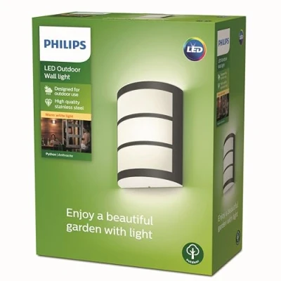 Image of Philips LED Python Outdoor 6W Wall Light [Warm White Anthracite Grey] Water Resistant IP44, For Garden, Patio and Terrace Lighting.