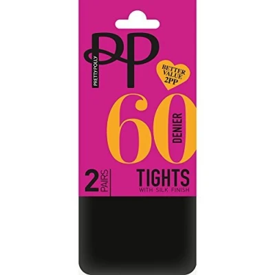 Image of Pretty Polly 60 Denier Opaque Tights with Silk Finish (2 Pair Pack) (S/M (34&quot; 40&quot; Hip), Black)