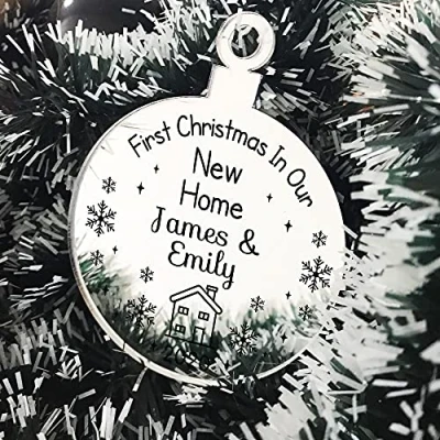 Image of Personalised First 1st Christmas In Our New Home Engraved Bauble Tree Decoration