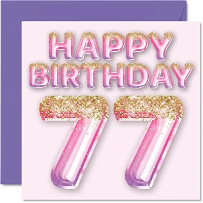 Image of 77th Birthday Card for Women Pink &amp; Purple Glitter Balloons Happy Cards 77 Year Old Woman Mum Great Nanny Grandma Gran, 145mm x Seventy Seven Seventh Greeting Gift