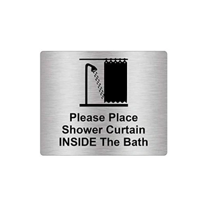 Image of Please Place Shower Curtain Inside The Bath Sign Adhesive Sticker Notice, Metallic Silver Engraved Black with Universal Icon Symbol and Text (Size 12cm x 10cm)