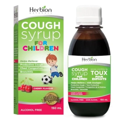 Image of Herbion Naturals Cough Syrup for Children, Soothe Sore Throat, Natural Cherry Flavour, Suitable Children 6 years and above, 150 ml