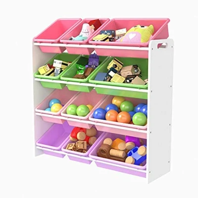 Image of Luebel Children Kids Toy Storage Unit Playroom Organizer Rack 12 Plastic Bins Boxes (White and Multi)